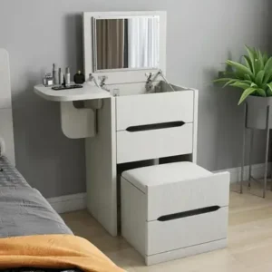 Modern Flip-Top Vanity Table & Stool Set – Compact Makeup Desk with Hidden Storage